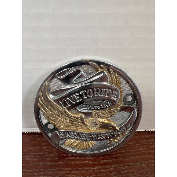 Harley-Davidson Chrome & Gold "Live To Ride" Eagle Derby Cover E3 - Picture 2 of 3